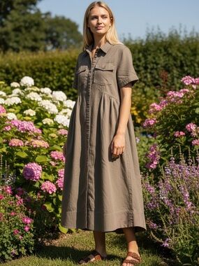 Maye Relaxed Taupe Maxi Shirt Dress with Chest Pockets